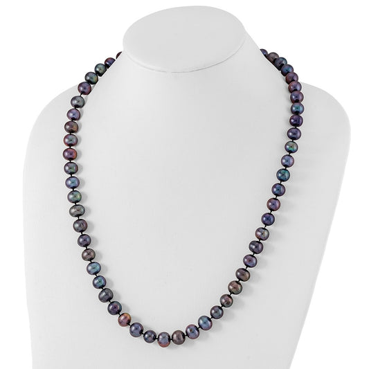 Sterling Silver Rhodium-plated 9-10mm Black Near-Round Freshwater Cultured Pearl 24 inch Necklace QH5157-24