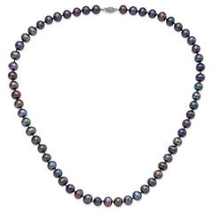 Sterling Silver Rhodium-plated 9-10mm Black Near-Round Freshwater Cultured Pearl 24 inch Necklace QH5157-24