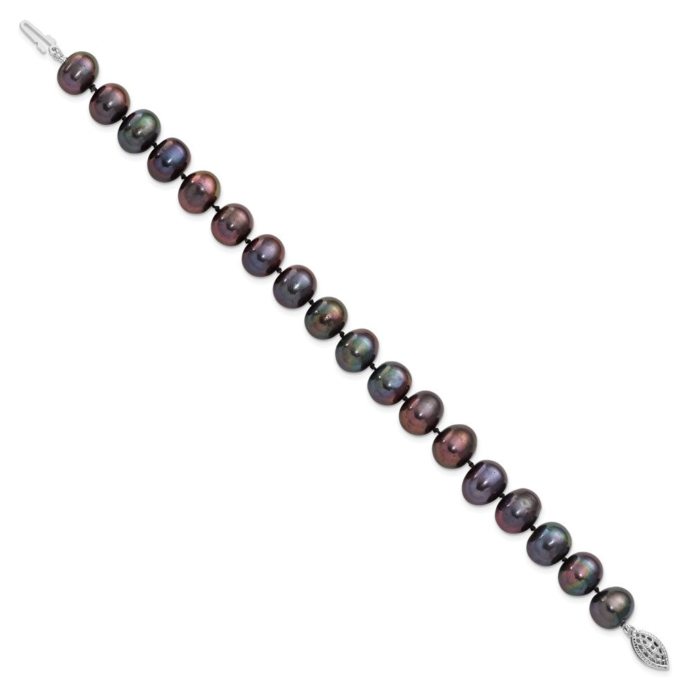 Sterling Silver Rhodium-plated 9-10mm Black Near-Round Freshwater Cultured Pearl 7.25 inch  Bracelet QH5157-7.25