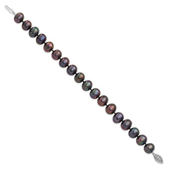 Sterling Silver Rhodium-plated 9-10mm Black Near-Round Freshwater Cultured Pearl 7.25 inch  Bracelet QH5157-7.25