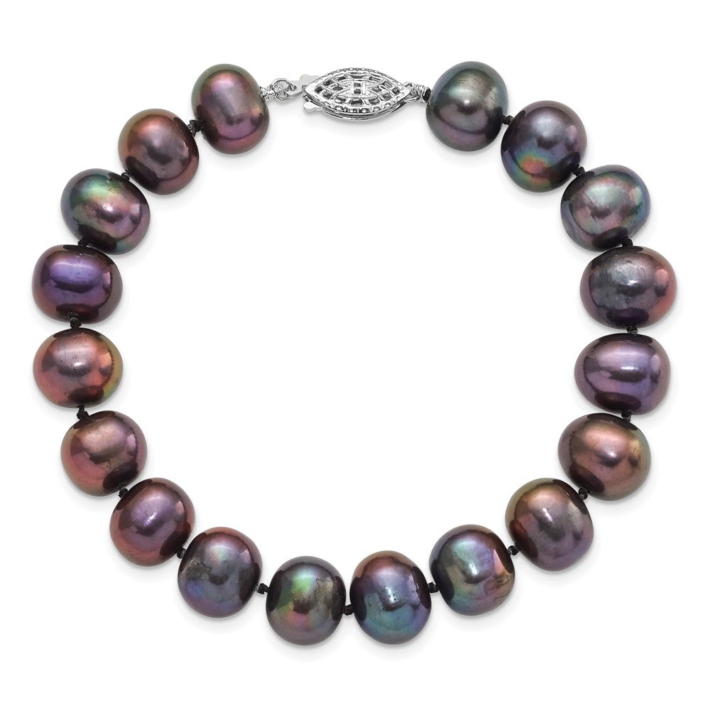 Sterling Silver Rhodium-plated 9-10mm Black Near-Round Freshwater Cultured Pearl 7.25 inch  Bracelet QH5157-7.25