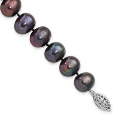 Sterling Silver Rhodium-plated 9-10mm Black Near-Round Freshwater Cultured Pearl 7.25 inch  Bracelet QH5157-7.25