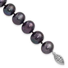 Sterling Silver Rhodium-plated 10-11mm Black Near-Round Freshwater Cultured Pearl 7.25 inch Bracelet QH5158-7.25