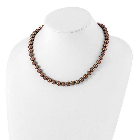 Sterling Silver Rhodium-plated 8-9mm Brown Near-Round Freshwater Cultured Pearl 24 inch NecklaceQH5159-18
