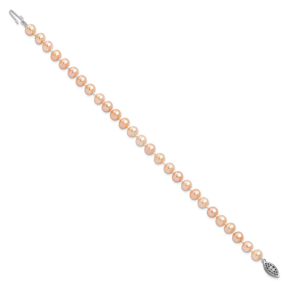 Sterling Silver Rhodium-plated 6-7mm Pink Near-Round Freshwater Cultured Pearl 7.25 inch Bracelet QH5166-7.25