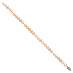 Sterling Silver Rhodium-plated 6-7mm Pink Near-Round Freshwater Cultured Pearl 7.25 inch Bracelet QH5166-7.25