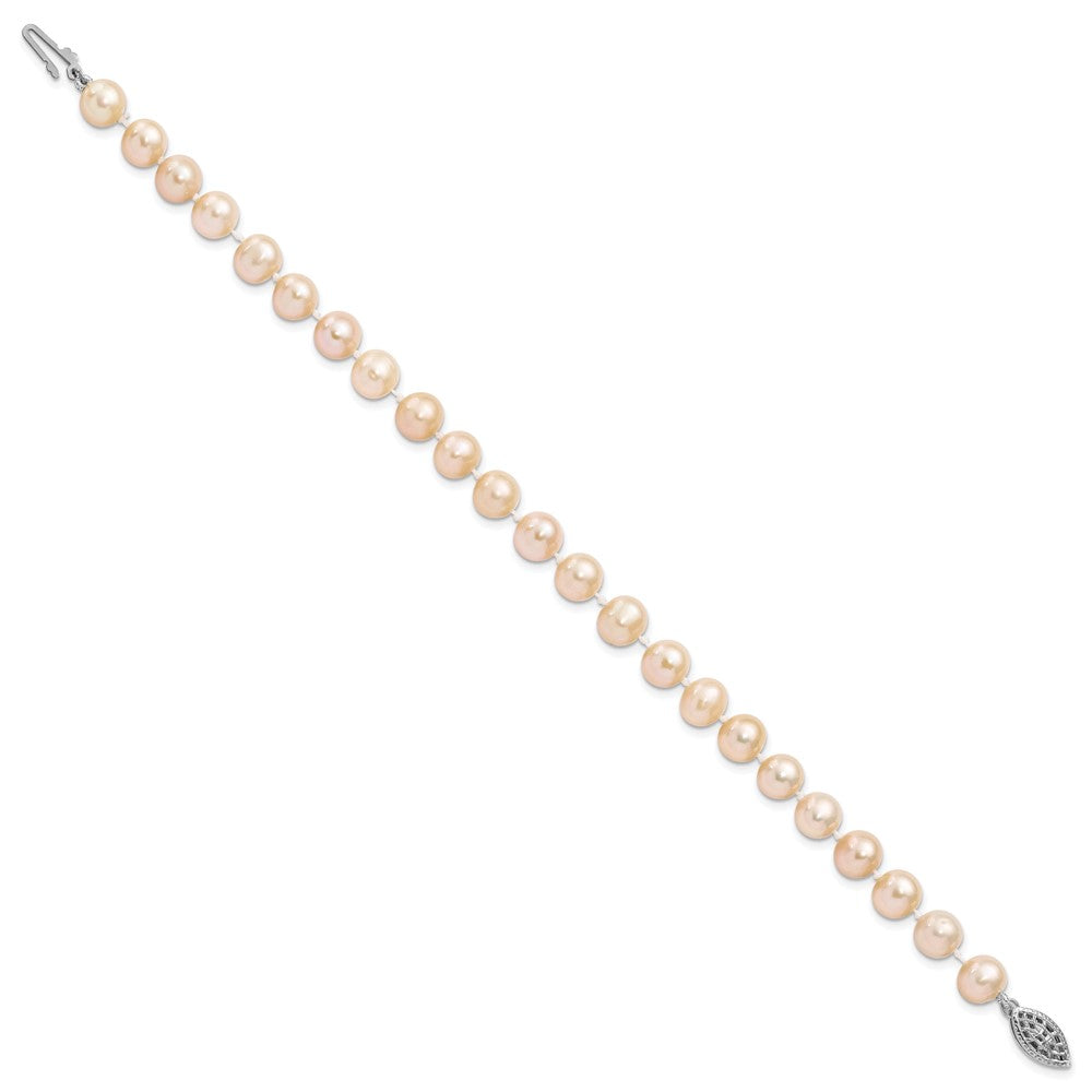 Sterling Silver Rhodium-plated 7-8mm Pink Near-Round Freshwater Cultured Pearl 7.25 inch Bracelet QH5167-7.25