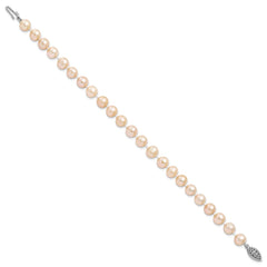 Sterling Silver Rhodium-plated 7-8mm Pink Near-Round Freshwater Cultured Pearl 7.25 inch Bracelet QH5167-7.25