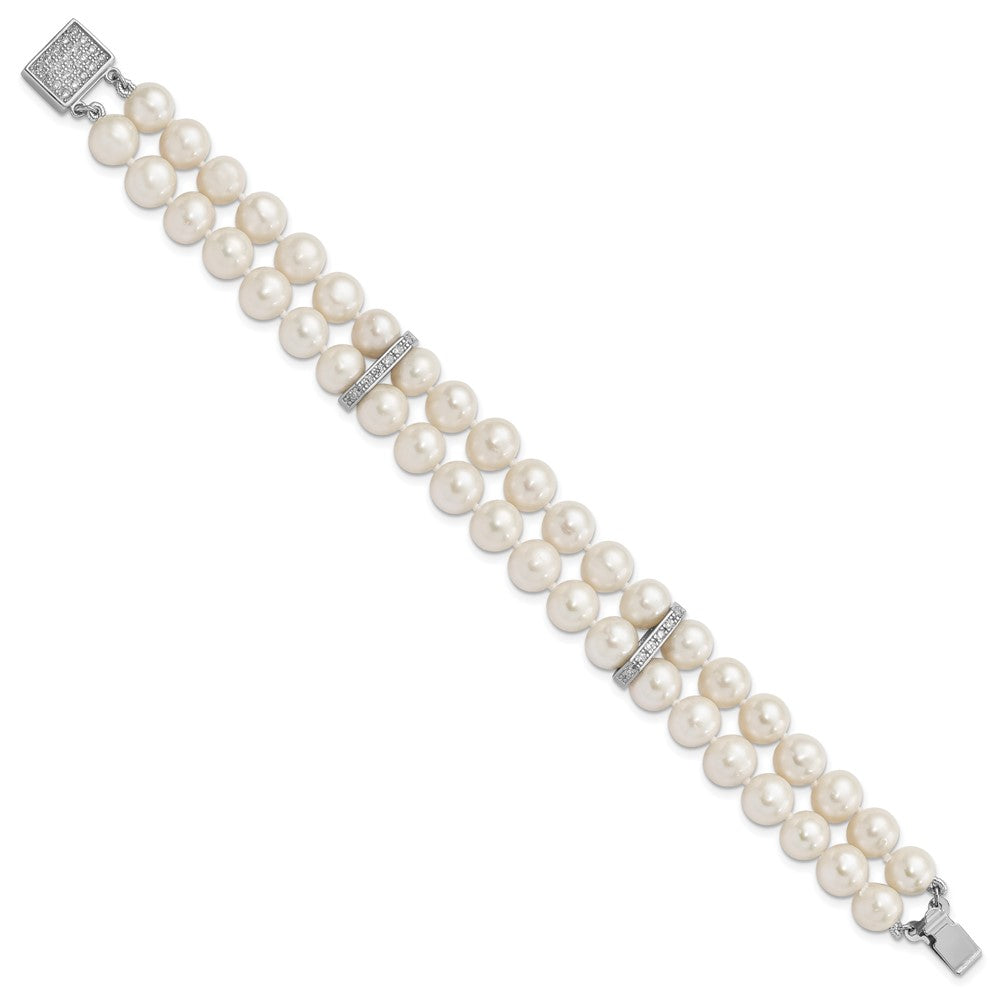 Sterling Silver Rhodium-plated 7-8mm White Near-round Freshwater Cultured Pearl and CZ 2-Strand 7 inch Bracelet QH5209-7