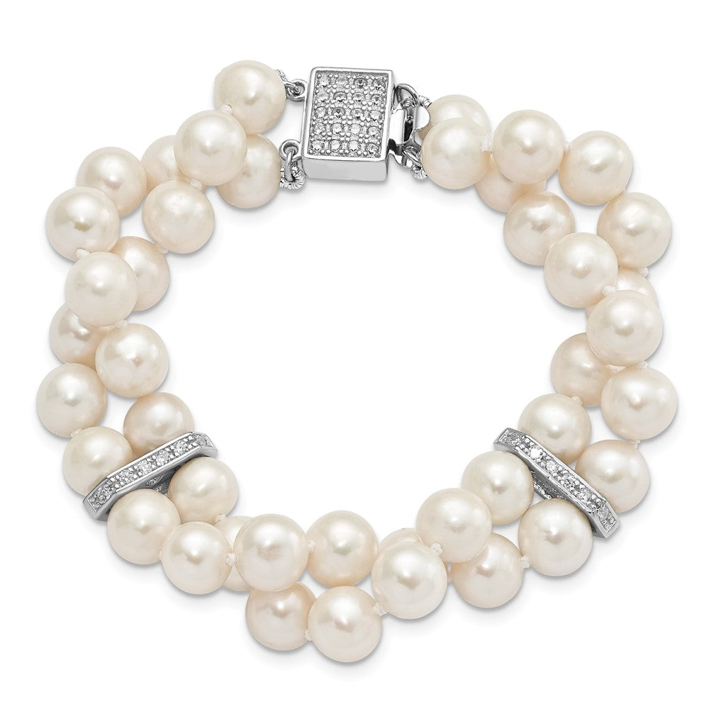 Sterling Silver Rhodium-plated 7-8mm White Near-round Freshwater Cultured Pearl and CZ 2-Strand 7 inch Bracelet QH5209-7