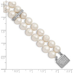 Sterling Silver Rhodium-plated 7-8mm White Near-round Freshwater Cultured Pearl and CZ 2-Strand 7 inch Bracelet QH5209-7