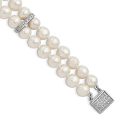 Sterling Silver Rhodium-plated 7-8mm White Near-round Freshwater Cultured Pearl and CZ 2-Strand 7 inch Bracelet QH5209-7