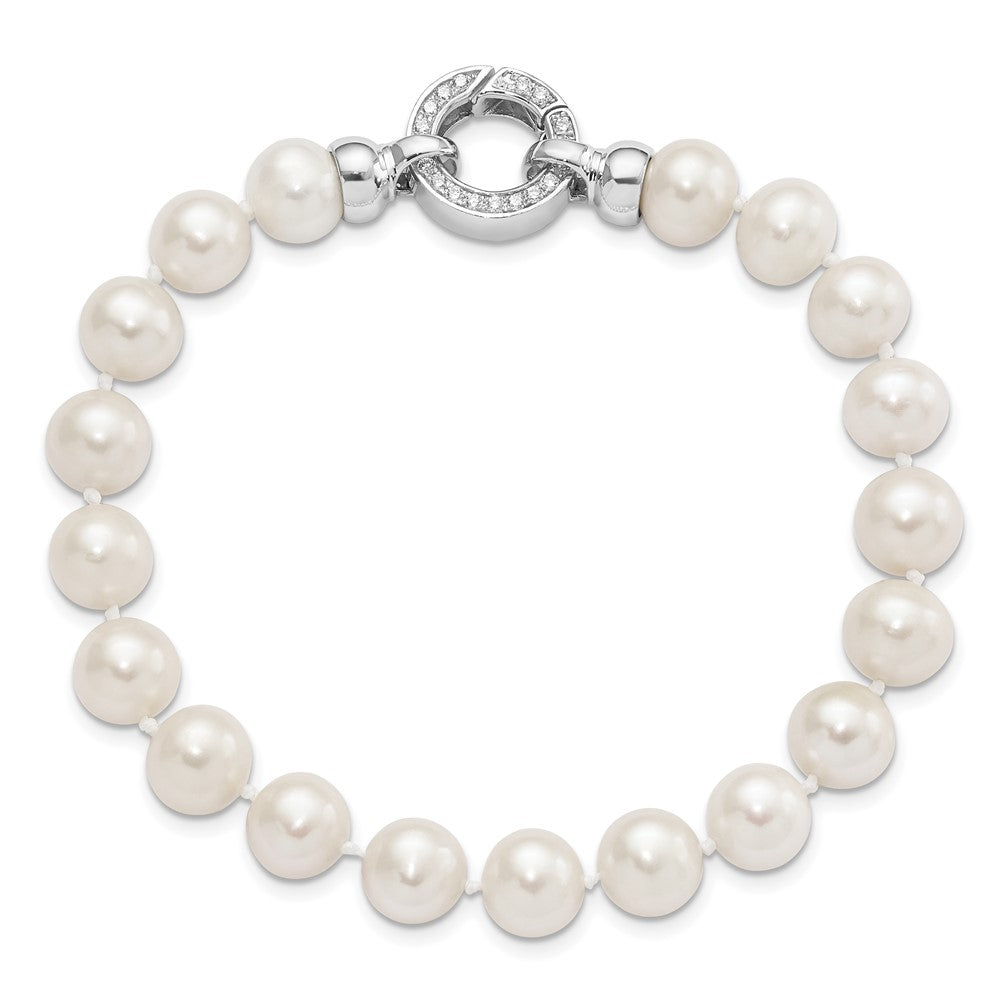 Sterling Silver Rhodium-plated 9-10mm White Near-Round Freshwater Cultured Pearl and CZ Fancy 7.5 inch Bracelet QH5214-7.5