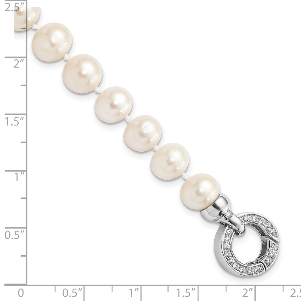 Sterling Silver Rhodium-plated 9-10mm White Near-Round Freshwater Cultured Pearl and CZ Fancy 7.5 inch Bracelet QH5214-7.5