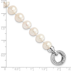 Sterling Silver Rhodium-plated 9-10mm White Near-Round Freshwater Cultured Pearl and CZ Fancy 7.5 inch Bracelet QH5214-7.5