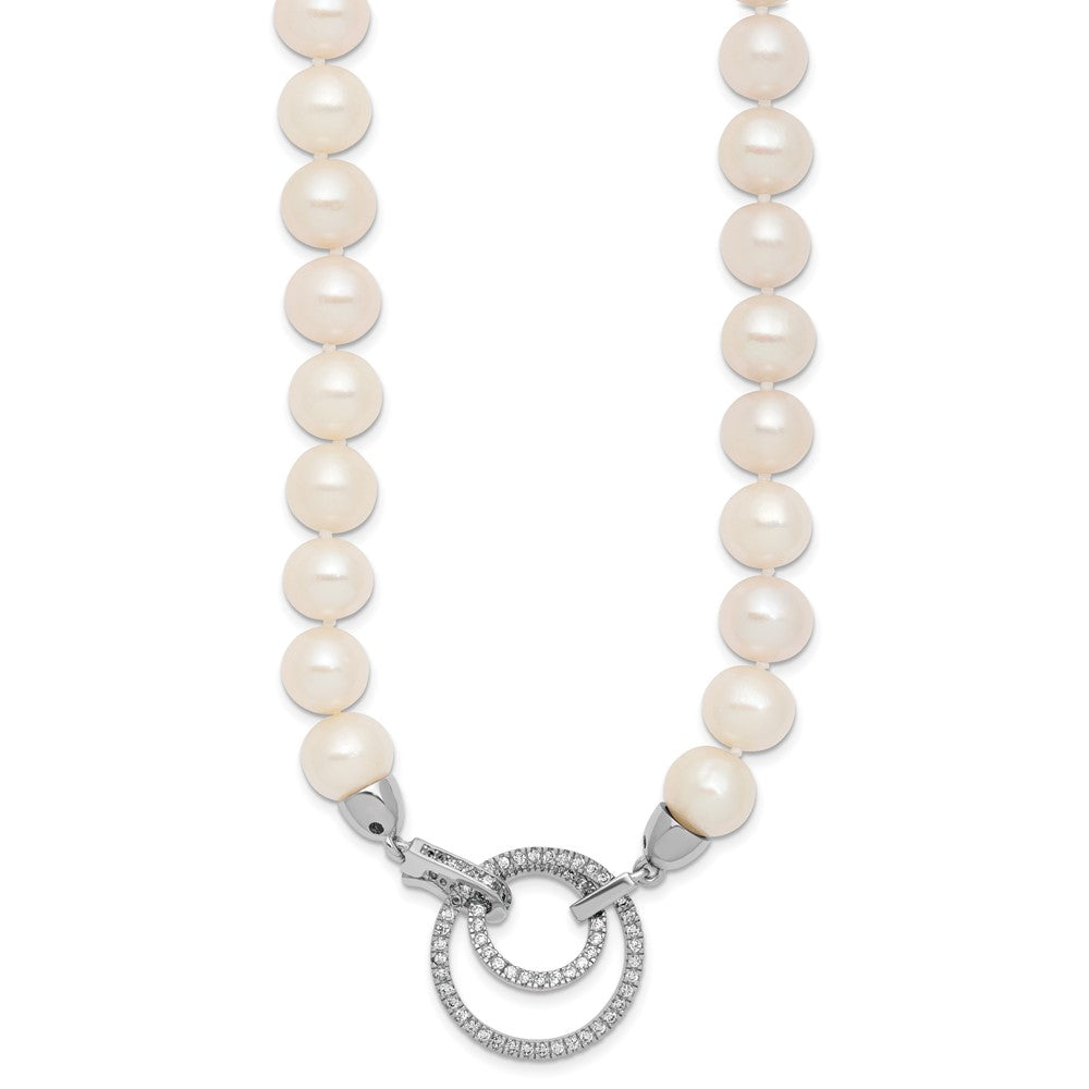 Sterling Silver Rhodium-plated 10-11mm White Near-Round Freshwater Cultured Pearl and CZ Clasp Adjustable 19.5 inch Necklace QH5215-19.5