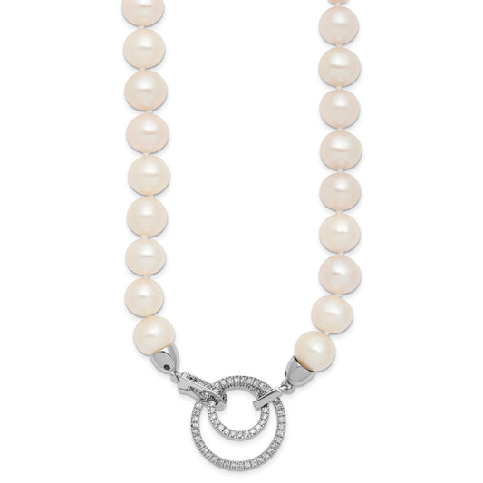 Sterling Silver Rhodium-plated 10-11mm White Near-Round Freshwater Cultured Pearl and CZ Clasp Adjustable 19.5 inch Necklace QH5215-19.5