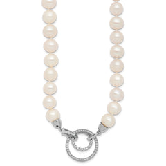 Sterling Silver Rhodium-plated 10-11mm White Near-Round Freshwater Cultured Pearl and CZ Clasp Adjustable 19.5 inch Necklace QH5215-19.5