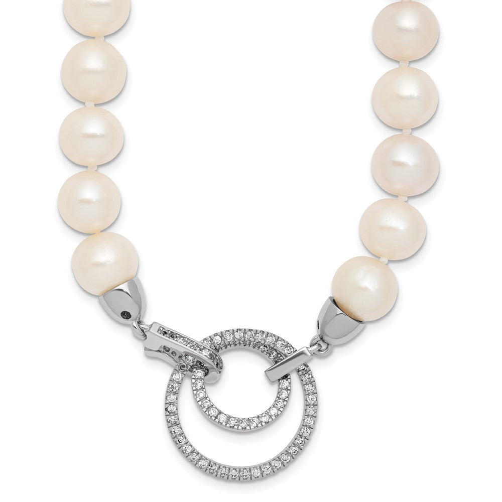 Sterling Silver Rhodium-plated 10-11mm White Near-Round Freshwater Cultured Pearl and CZ Clasp Adjustable 19.5 inch Necklace QH5215-19.5