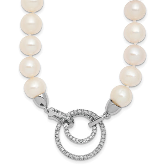 Sterling Silver Rhodium-plated 10-11mm White Near-Round Freshwater Cultured Pearl and CZ Clasp Adjustable 19.5 inch Necklace QH5215-19.5