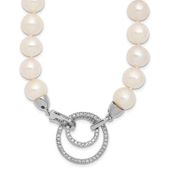 Sterling Silver Rhodium-plated 10-11mm White Near-Round Freshwater Cultured Pearl and CZ Clasp Adjustable 19.5 inch Necklace QH5215-19.5