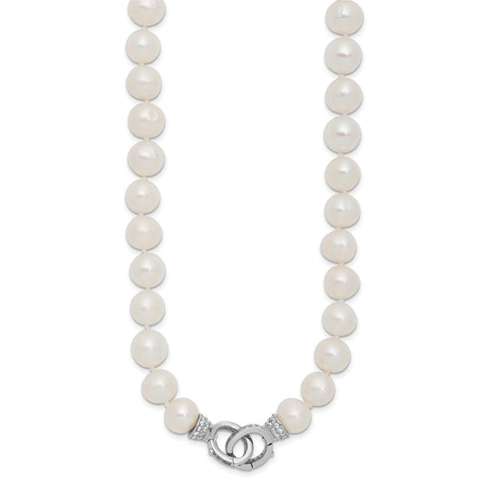 Sterling Silver Rhodium-plated 9-10mm White Near-Round Freshwater Cultured Pearl and CZ Clasp Adjustable 18 inch Necklace QH5216-18