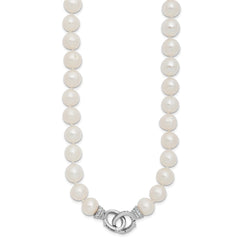 Sterling Silver Rhodium-plated 9-10mm White Near-Round Freshwater Cultured Pearl and CZ Clasp Adjustable 18 inch Necklace QH5216-18