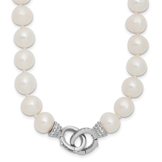 Sterling Silver Rhodium-plated 9-10mm White Near-Round Freshwater Cultured Pearl and CZ Clasp Adjustable 18 inch Necklace QH5216-18