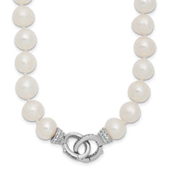 Sterling Silver Rhodium-plated 9-10mm White Near-Round Freshwater Cultured Pearl and CZ Clasp Adjustable 18 inch Necklace QH5216-18