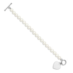 Sterling Silver Rhodium-plated 8-9mm White Near-Round Freshwater Cultured Pearl Heart Toggle 7.5 inch Bracelet QH5217-7.5