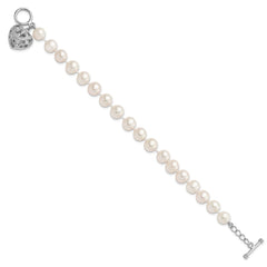 Sterling Silver Rhodium-plated 8-9mm White Near-Round Freshwater Cultured Pearl Heart Toggle 7.5 inch Bracelet QH5218-7.5