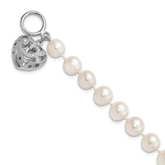Sterling Silver Rhodium-plated 8-9mm White Near-Round Freshwater Cultured Pearl Heart Toggle 7.5 inch Bracelet QH5218-7.5