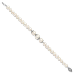 Sterling Silver Rhodium-plated 7-10mm White Near-Round Freshwater Cultured Pearl Fancy 7 inch Bracelet QH5219-7