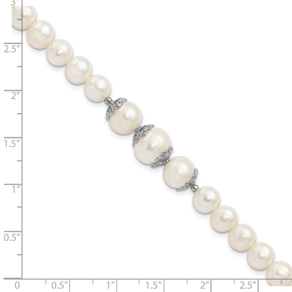 Sterling Silver Rhodium-plated 7-10mm White Near-Round Freshwater Cultured Pearl Fancy 7 inch Bracelet QH5219-7