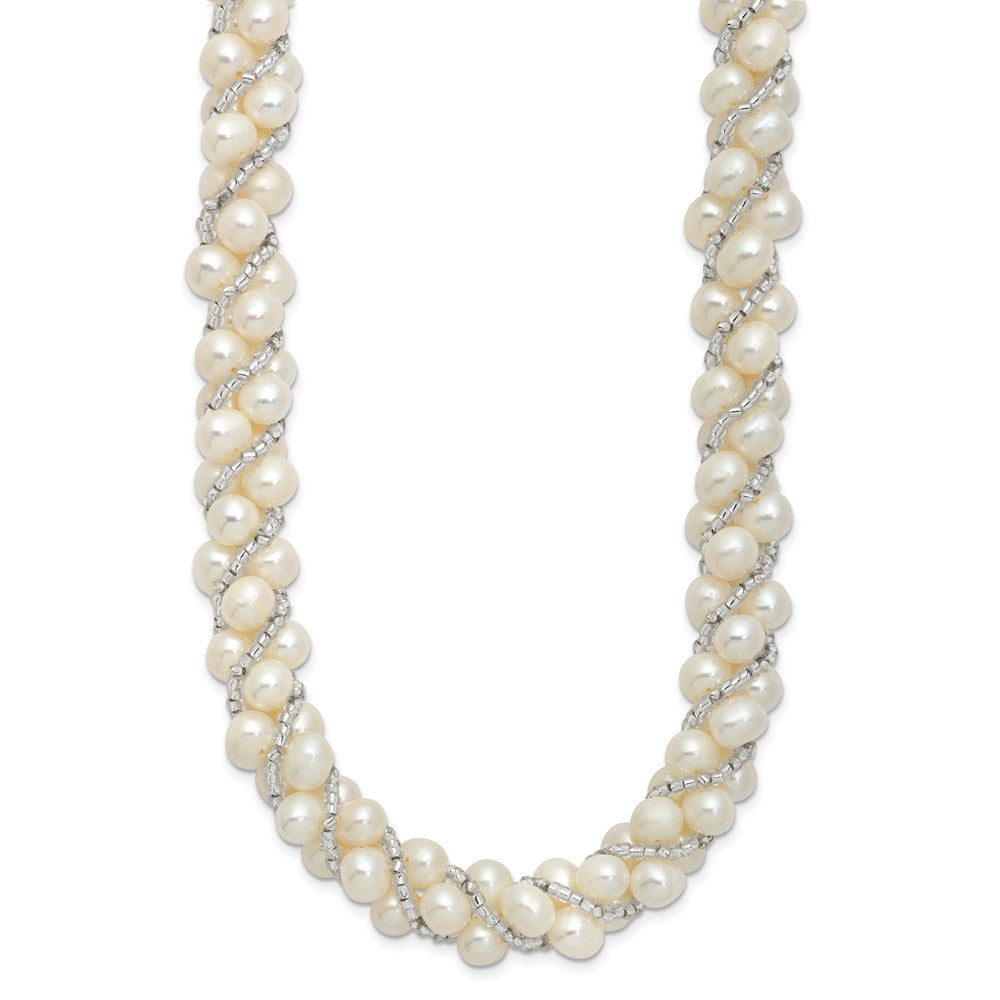 Sterling Silver Rhodium-plated 6-7mm White Near-Round Pearl and Glass Beaded Twisted 18 inch Necklace QH5220-18