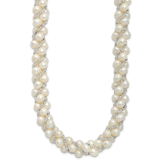 Sterling Silver Rhodium-plated 6-7mm White Near-Round Pearl and Glass Beaded Twisted 18 inch Necklace QH5220-18