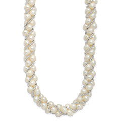 Sterling Silver Rhodium-plated 6-7mm White Near-Round Pearl and Glass Beaded Twisted 18 inch Necklace QH5220-18