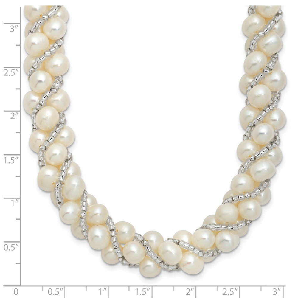 Sterling Silver Rhodium-plated 6-7mm White Near-Round Pearl and Glass Beaded Twisted 18 inch Necklace QH5220-18