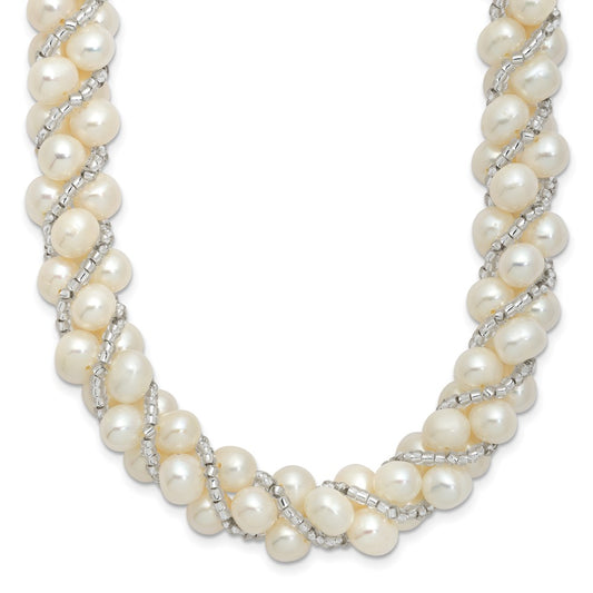 Sterling Silver Rhodium-plated 6-7mm White Near-Round Pearl and Glass Beaded Twisted 18 inch Necklace QH5220-18
