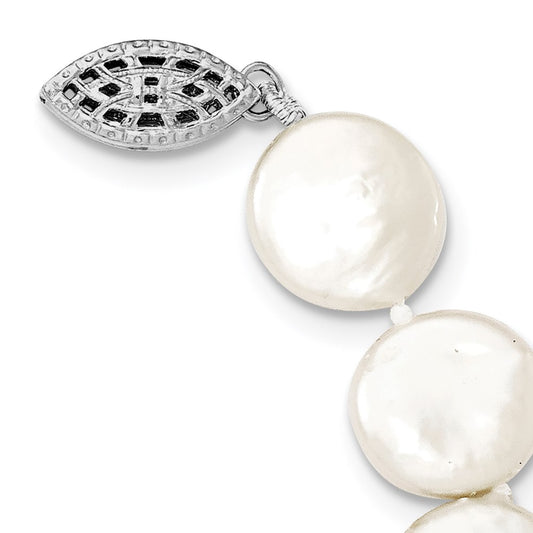 Sterling Silver Rhodium-plated 10-11mm White Coin Freshwater Cultured Pearl 18 inch Necklace QH5221-18