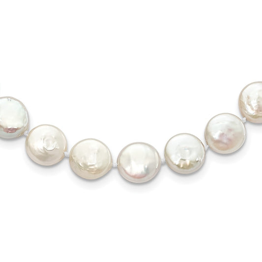 Sterling Silver Rhodium-plated 10-11mm White Coin Freshwater Cultured Pearl 18 inch Necklace QH5221-18