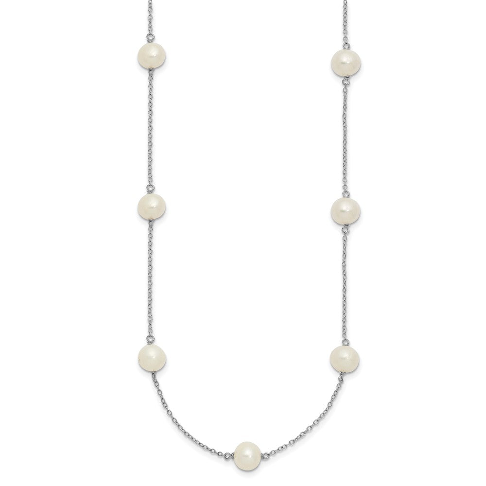 Sterling Silver Rhodium-plated 7-8mm White Near-Round Freshwater Cultured Pearl 9-Stations18 inch NecklaceQH5236