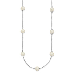 Sterling Silver Rhodium-plated 7-8mm White Near-Round Freshwater Cultured Pearl 9-Stations18 inch NecklaceQH5236