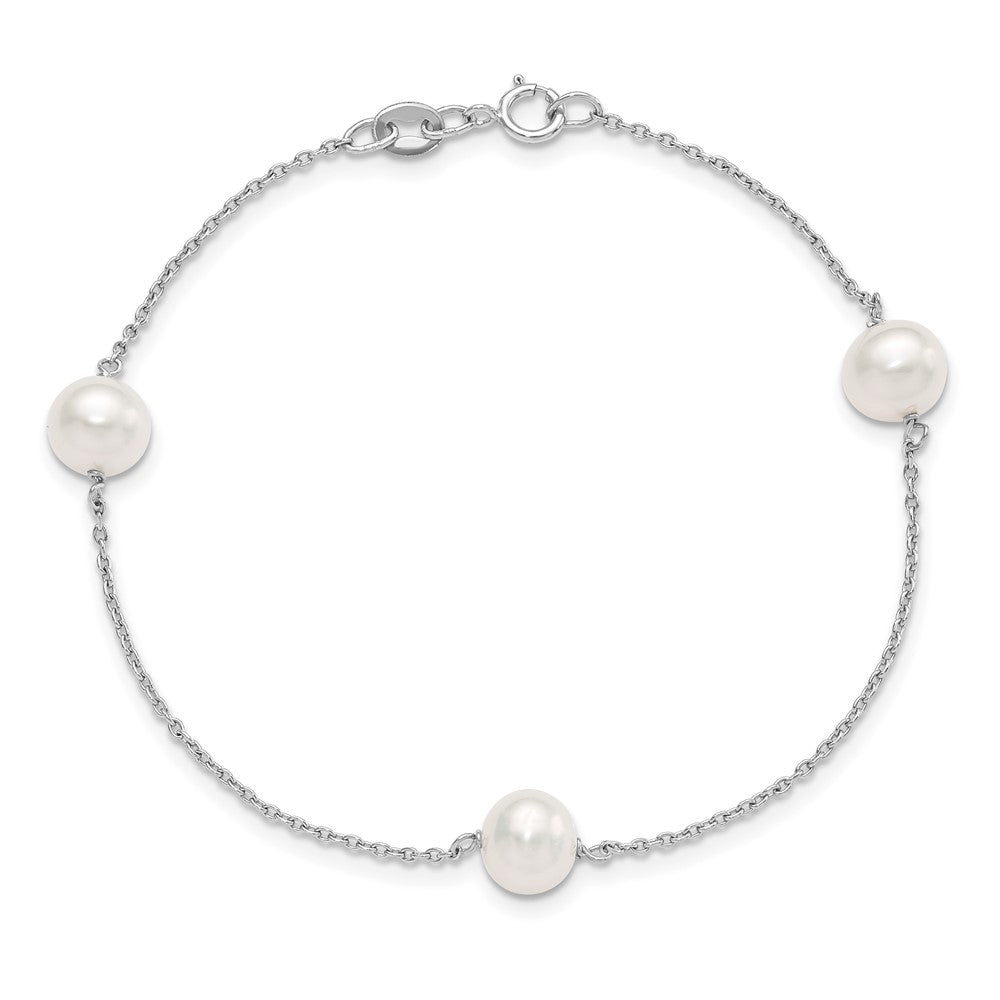 Sterling Silver Rhodium-plated 7-8mm White Semi-Round Freshwater Cultured Pearl 3-Station 7.5 inch Bracelet QH5236-7.5