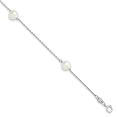Sterling Silver Rhodium-plated 7-8mm White Semi-Round Freshwater Cultured Pearl 3-Station 7.5 inch Bracelet QH5236-7.5