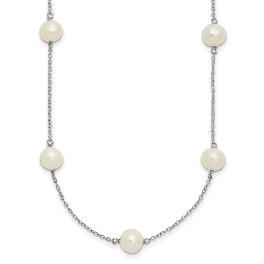 Sterling Silver Rhodium-plated 7-8mm White Near-Round Freshwater Cultured Pearl 9-Station 16 inch NecklaceQH5236