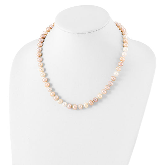 Sterling Silver Rhodium-plated 8-9mm Multi-color Near-Round Freshwater Cultured Pearl 20 inch NecklaceQH5289-18
