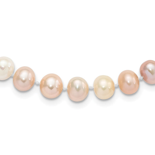 Sterling Silver Rhodium-plated 8-9mm Multi-color Near-Round Freshwater Cultured Pearl 18 inch NecklaceQH5289-18