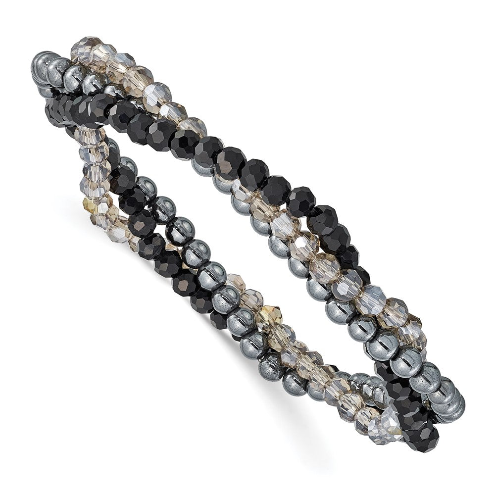 Sterling Silver Black and Smoky Crystal, Hematite 3pce Stretch Bracelet QH5301