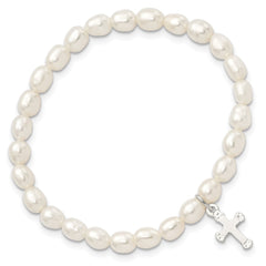 Sterling Silver Polished FWC Pearl & Cross Children's Stretch Bracelet QH5323